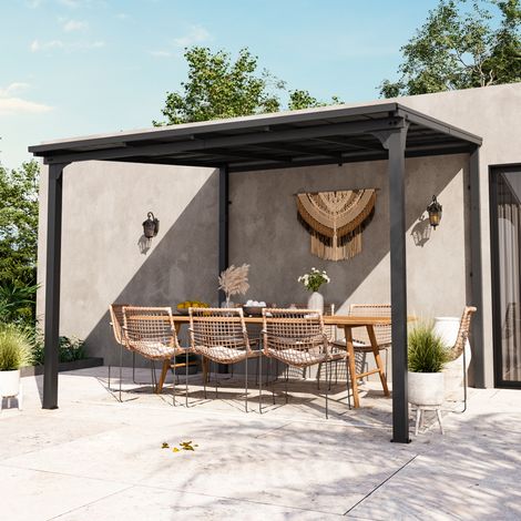 Modern Shade Wandmontierter Pavillon, 3 x 3 m, Terrassenüberdachung mit eingebautem Entwässerungssystem, verzinktem Stahldach, Hardtop-Terrassenunterstand für Deck, Veranda, Hinterhof und mehr, Schwar (1/5)