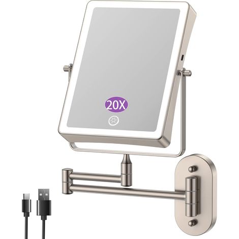 Miroir cosmétique Rechargeable avec grossissement 1X/20X, 3 Couleurs de lumière, écran Tactile, pivotant à 360° pour Montage Mural, Miroir de Rasage pour Salle de Bain(Nickel20x) (1/5)