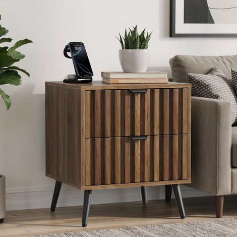 Comodino moderno a 2 cassetti - Tavolino da notte stile mid-century - Finitura noce e piedi in metallo - 45 x 40 x 53 cm - Per camera e soggiorno