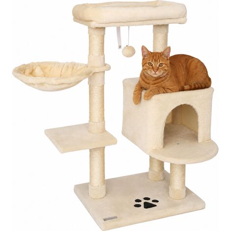 lionto Kratzbaum 93 cm mit Höhle, Liegemulde, Spielball & Sisalstämmen, kompakter Katzenbaum, beige (1/5)