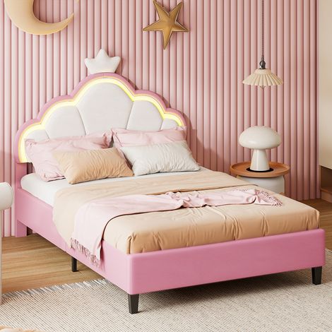Sureh – Lit fille 90 x 200 avec LED – Tête de lit couronne en PU – Matériau MDF et métal – Éclairage réglable pour ambiance onirique - LIT 90 X (1/5)