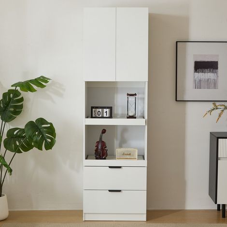 Buffet de Cuisine - 200x59,5x45cm - Colonne de Rangement Haute avec Niche Micro-ondes Coulissante et 2 Tiroirs - Blanc (1/5)
