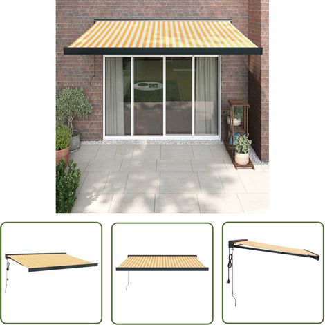 The Living Store Auvent rétractable jaune et blanc 3,5x2,5 m tissu et aluminium - Store Véranda - Auvent Extensible - Abri Solaire - Protection UV - Décoration Extérieure (1/5)