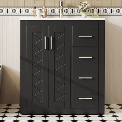 Meuble-lavabo sur pied pour salle de bain (76 x 46,5 x 85,5 cm) avec finition entièrement laquée, comprenant trois tiroirs à fermeture amortie, deux portes (avec charnières à fermeture amortie) et une (1/5)