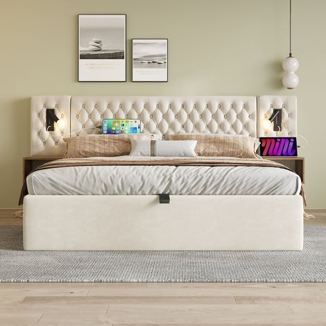 Lit coffre,lit double,lit adulte 180x200 avec lumière et fonction de chargement USB, lit capitonné - velours,Beige (1/5)