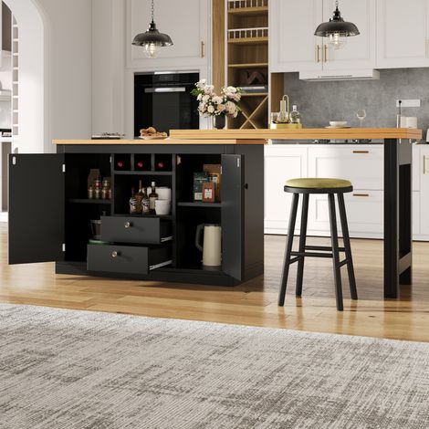 Bartisch aus MDF in Schwarz/Natur, 120-180x40x76 cm, ausziehbar, drehbar, mit Weinregal und Stauraum (1/5)