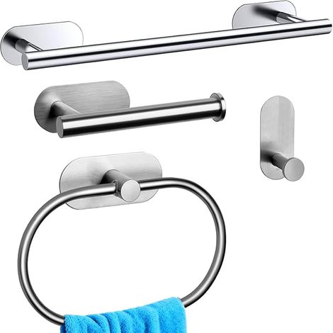 4 accessoires salle de bain auto-adhésifs sans perçage – Porte-serviettes, porte-papier, anneau et crochet (1/5)