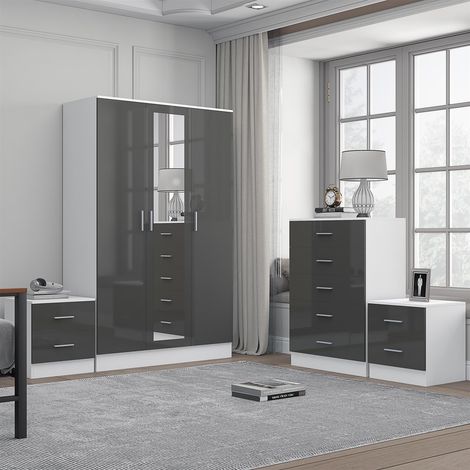 Reflect 3 Door Mirror Wardrobe, 5 Drawer Chest, 2x 2 Drawer Bedsides - Grey Gloss & Matt White - Modern Bedroom Furniture Set
