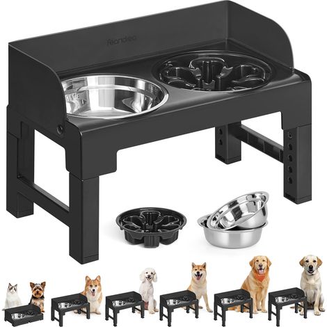 1 Support Gamelle Réglable 6 Hauteurs, Acier Inoxydable, Bol Anti-Glouton, Pour Chien Chat