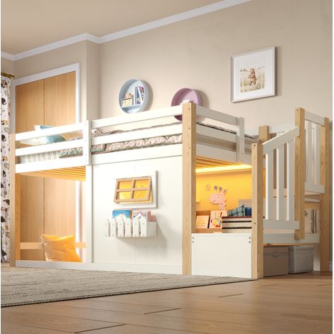 Letto a soppalco per bambini 90x200 cm con scala contenitore e LED, naturale e bianco OKMYHOME (1/5)