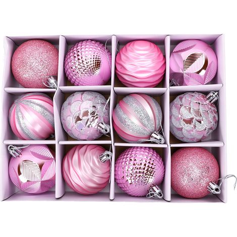 Décorations de boules d'arbre de noël 6cm, 12 pièces, suspendues avec corde pour guirlande de porte fenêtre, Arrangement de bureau rose (1/5)