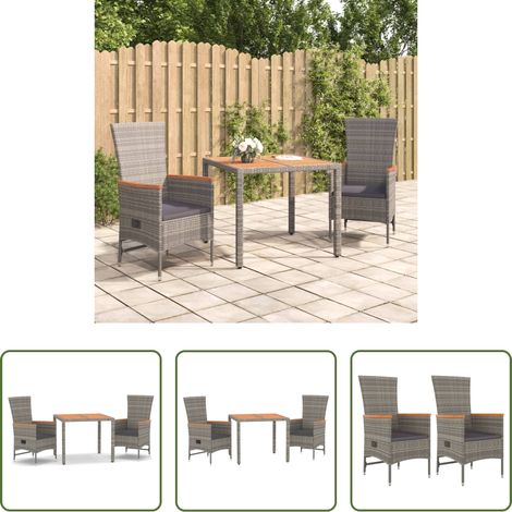 Gartenessgruppe - 3-tlg. Garten-Essgruppe mit Kissen Grau Poly Rattan (1/5)