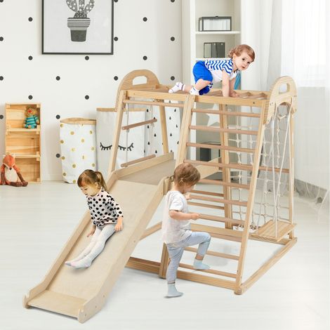 8 En 1 Aire de Jeu Montessori en Bois avec Toboggan Barre de Singe Balançoire Échelle en Corde Plateforme pour 3-5 Ans Naturel (1/2)