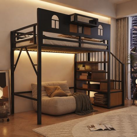 Lit mezzanine 90x200 cm métal noir avec rangement, pour petits espaces, sans matelas – MEUBLIV (1/5)