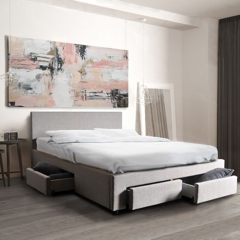 Lit LUGANO 140x190 cm – 1 sommier 12 lattes – 4 tiroirs de rangement sur roulettes – Gris clair – Dimensions 202x150x85 cm – Weber Industries (1/8)
