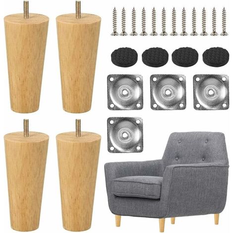 Juego de 4 patas de mesa de madera de 8 cm, patas cónicas de madera maciza para muebles, patas de repuesto con placas de montaje y tornillos para sofá cama, armario, sillón (verticales). (1/5)