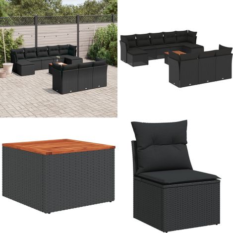Salon de jardin 11 pcs avec coussins noir résine tressée - Ensemble Salon De Jardin - Mobilier De Jardin - Jardin Design - Set Salon Extérieur - Chaise Lounge - Home & Living (1/5)