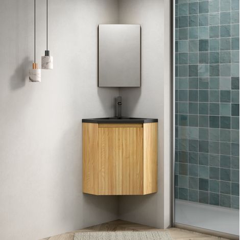 Meuble vasque d’angle mural 54,5x38,5x50 cm en résine noir et bois, gain de place – MEUBLIV (1/5)