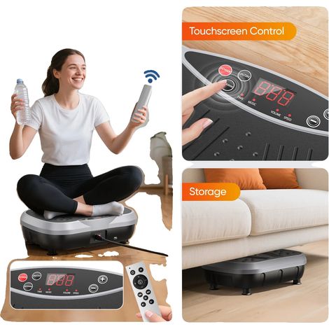 Plataforma vibratoria, niveles de velocidad ajustables, diseño compacto, gris claro. (1/2)