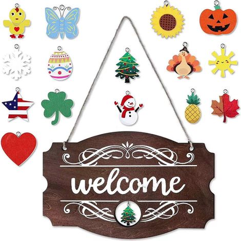 Panneau Bienvenue Bois Rustique Décoration Porte D'Entrée Extérieure Saisonnière Noël Automne Mur Porche 1 Pièce (1/5)