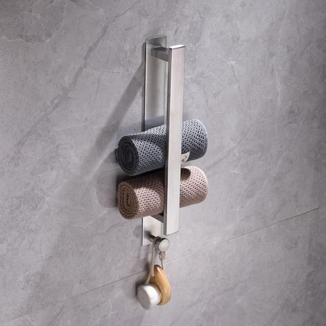 Toallero de baño adhesivo de pared, 40 cm, autoadhesivo, sin taladrar, plateado, acero inoxidable 304.
