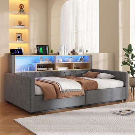 Lit Coffre 90x200 cm, Rangement Hydraulique, Tête de Lit avec LED, USB-A et USB-C, Sommier à Lattes, Lin, Gris (1/5)