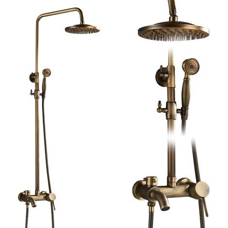 Set di rubinetteria per doccia da bagno rotonda da 20 cm, miscelatore a parete in ottone anticato con doccetta, doppia maniglia, altezza regolabile, set di rubinetteria per acqua calda e fredda, FPGSD (1/2)