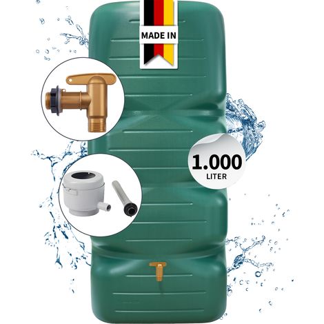 GARANTIA CUBUS Regentonne Komplett-Set 1000 Liter, dunkelgrün inkl. Kunststoff-Auslaufhahn und Fallrohranschluss