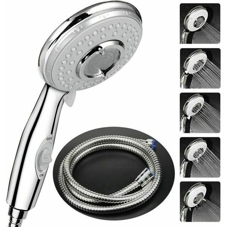 Shower Head + 2M Flexible Shower Hose, Shower Head with Hose, 5 Water Saving Modes and Switch Button, High Pressure Stainless Steel Shower Head (1/5)