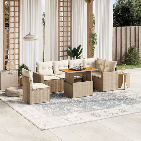 Canapé de jardin 7 pièces en résine tressée beige avec coussins amovibles – Table réglable 100x55 cm (1/3)