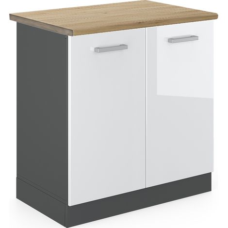 Armario bajo para fregadero R-Line, Blanco alto brillo, 80 cm , ET Roble, Vicco (1/5)