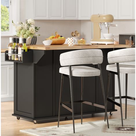 Isola da cucina 120x45x87 cm, piano pieghevole, 3 cassetti verticali, 2 ripiani anta, MDF nero e naturale (1/5)