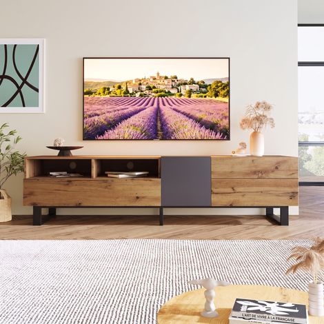 JOOKGBD-Meuble TV Moderne 180cm, Design Sans Poignée à Ouverture par Pression, Grand Rangement Multi-compartiments, Structure Robuste en MDF et Métal, Style Chêne et Gris Anthracite pour Salon (1/5)