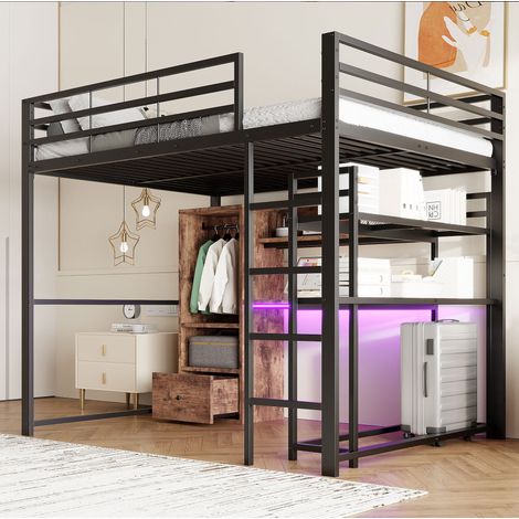 MEUBLIV Litera 140x200 cm negra – con escritorio, LED y almacenamiento, sin colchón (1/5)