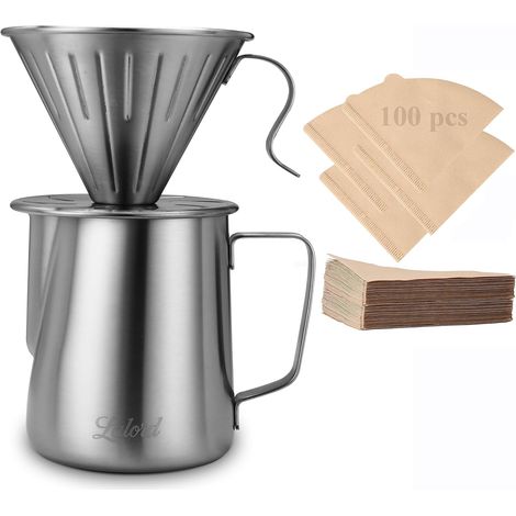 Pour-over coffee maker, 304 stainless steel coffee maker set with 100 No. 2 paper filters and a 600ml milk frothing jug, for home and camping (1/5)