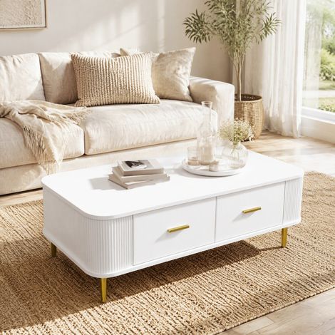 Mesa de centro con cajones, 105 x 51 x 38 cm, MDF blanco, tiradores y patas doradas HAVRYA (1/5)