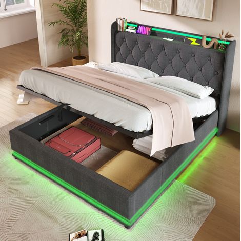 Lit coffre 140x190 LED hydraulique USB-C lin gris HAVRYA (1/5)