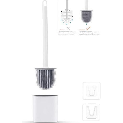Brosse WC Silicone Plate- Brosse Toilette et Supports, Anti-goutte, Antibactérienne, Balayette WC Ventilée, Séchage Rapide sans Odeur, Balai WC Montage Mural/au Sol, Salle de Bain et WC Blanc (1/4)