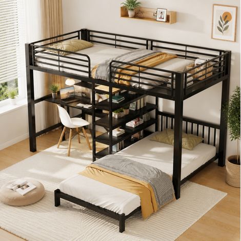 Lit superposé 2 couchages 90x200 avec bureau, rangements et prises USB/Type-C noir DESVIAE (1/5)