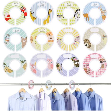 Lntyq 12-teiliges Set mit Trennwänden für den Baby-Kleiderschrank, runde Trennwände in Babygröße, Trennwände für den Baby-Schrank, zum Ordnen der Kleidung nach Kleidungsart, Größe oder Alter (Tiermoti (1/4)