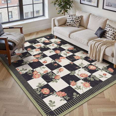 Cheminée Couloir Tapis Lavable Motif Floral Devant Lit Fleur À Carreaux Moderne Tapis Cuisine Salon Chambre Rug Antidérapant Poils Courts Doux Cheminée Carpet, 140x200cm, Noir (1/5)