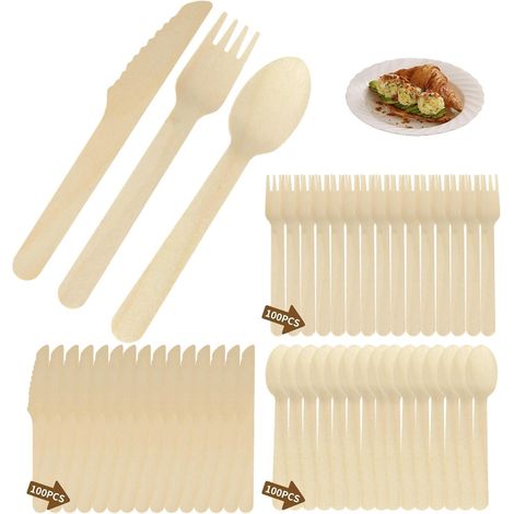 300 Pièces Couverts Jetables en Bois - Couverts de Table Jetables - Couverts Jetables - Service de Couteaux, Fourchettes, Cuillères en Bouleau Résistant pour Fêtes et Pique-Niques (1/5)