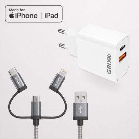 GRIXX 20W USB-C Schnellladegerät + 3-in-1 Ladekabel – USB-C, Lightning und Micro-USB – Power Delivery – Kompatibel mit iPhone, Samsung und anderen Smartphones – Weiß (1/5)