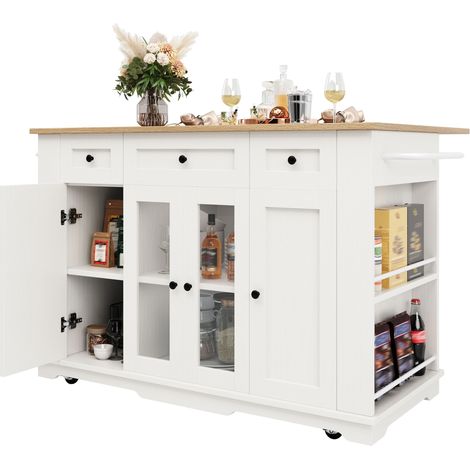Îlot de cuisine avec cloisons amovibles, meuble de cuisine, chariot de salle à manger avec plan de travail, buffet à aspect veinage bois, armoire en verre trempé, blanc (1/5)