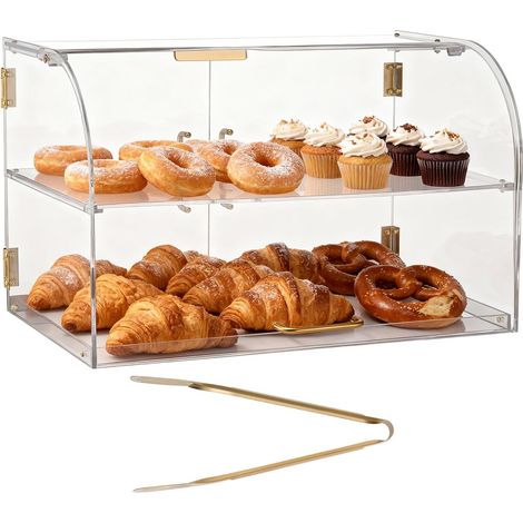 Présentoir à Pâtisserie, Vitrine de Boulangerie Commerciale en Acrylique Transparent 2 Niveaux pour Pain, Beignets, Croissants, Gâteaux, Portes Magnétiques et Porte Relevable, 558x355x355 mm (1/5)