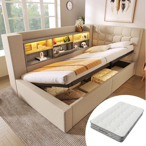 letto contenitore 90x200 con LED USB e ricarica beige HAVRYA (1/5)
