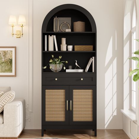 Buffet haut 170 cm, bibliothèque avec 2 portes en rotin, 1 tiroir, sommet arqué, style bohème moderne pour salon et couloir, noir (1/5)