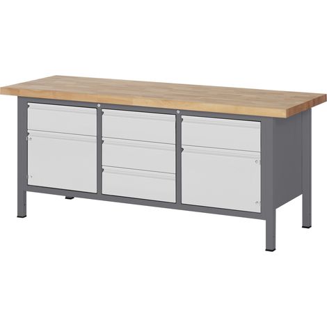 STIER Höhenverstellbare Werkbank Premium, 5 Schubladen und 2 Türen, 200x70x84-104cm, Stahl und Buche (1/5)