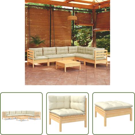 Terrassensofa - 7-tlg. Garten-Lounge-Set mit Creme Kissen Massivholz Kiefer (1/5)