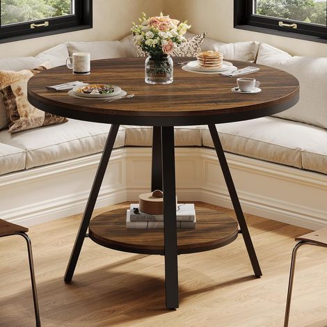 Tribesigns Table à Manger Ronde Industrielle à Deux Niveaux, Petite Table de Cuisine pour 2 à 4 Personnes, Meuble de Cuisine en Bois de 90 cm de diamètre avec Pieds métalliques Robustes, Brun (1/5)